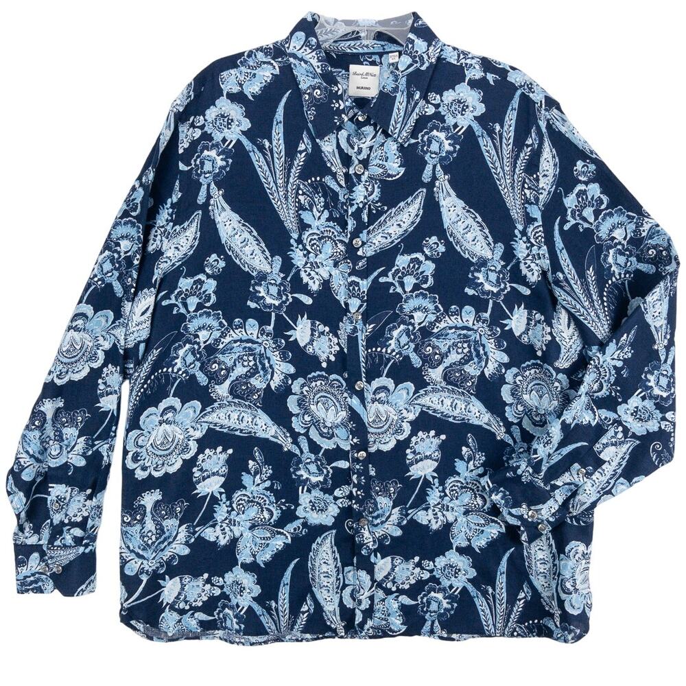 Linen Floral Shirt Men's XL Blue Long Sleeve 100% Linen | Murano X Baird McNutt